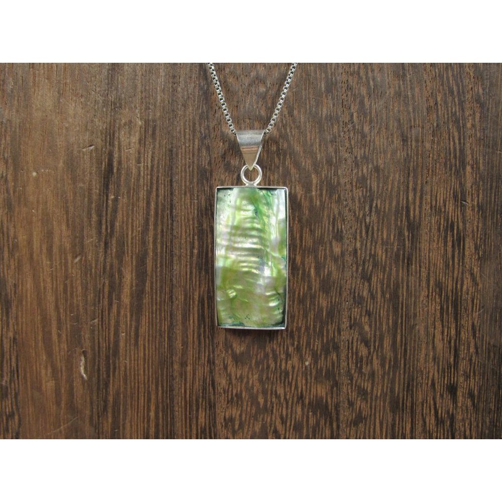 16" Sterling Silver Rectangle Green White Shell Pendant Necklace Vintage Minimal